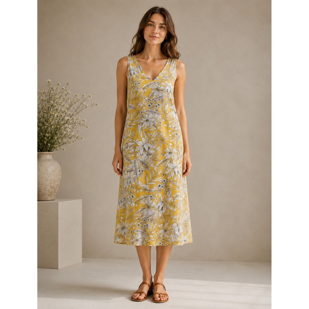 J.Jill Love Linen Midi Dress Sz M Petite Floral 100% Linen Coastal Vacation
